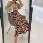 Band-waist Leopard Satin Long Skirt
