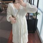 V-neck Long-sleeve Midi A-line Dress Off-white - One Size