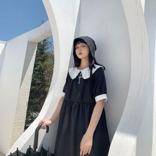 Pearl-collar Short-sleeve Midi Dress Black - One Size