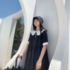 Pearl-collar Short-sleeve Midi Dress Black - One Size