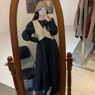 Balloon-sleeve Midi A-line Dress / Buttoned Vest
