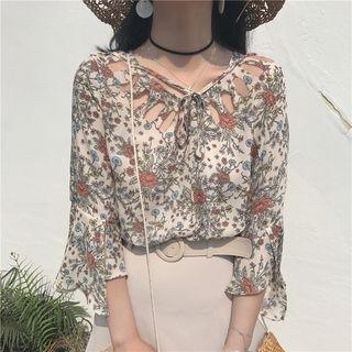 Floral Print Cutout Bell-sleeve Chiffon Blouse