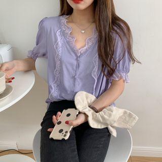 Puff-sleeve Lace Trim Plain Blouse Violet - One Size
