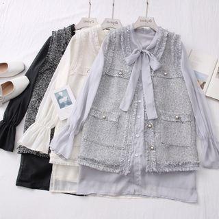 Set: Ribbon-neckline Chiffon Blouse + Woolen Vest