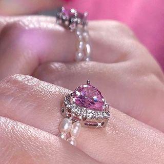 Rhinestone Faux Pearl Rings Pink - One Size