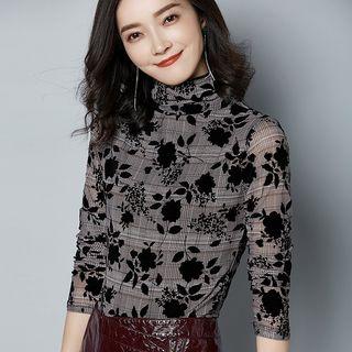 Long-sleeve Turtleneck Patterned Mesh Top