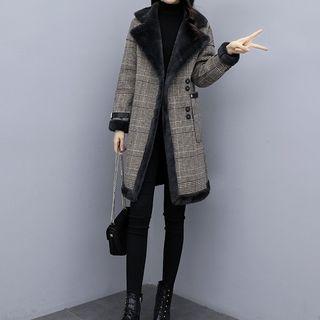 Faux-fur Plaid Snap-button Coat