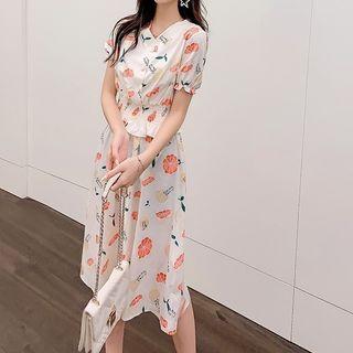 Set: Printed Short-sleeve Peplum Top + Midi A-line Skirt
