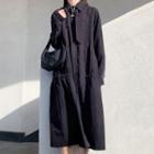 Long-sleeve Tie-neck Midi A-line Dress Black - One Size