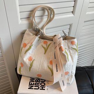 Floral Embroidered Tote Bag White - One Size