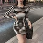 Set: Long-sleeve Striped Crop Top + Spaghetti-strap Mini Sheath Dress