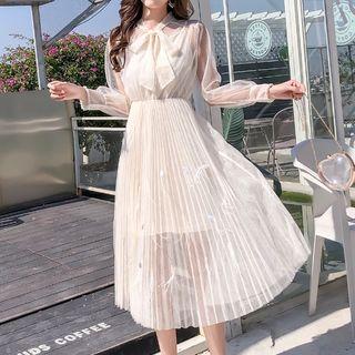 Bow Accent Long-sleeve Midi Mesh A-line Dress