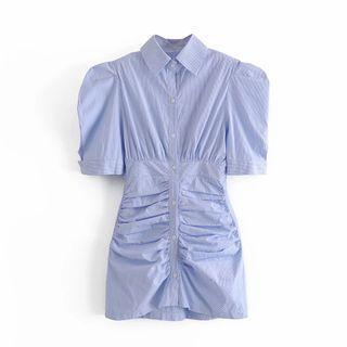 Puff-sleeve Shirred Mini Sheath Shirtdress