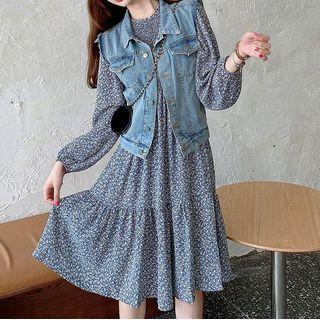 Floral Long-sleeve A-line Dress / Denim Vest