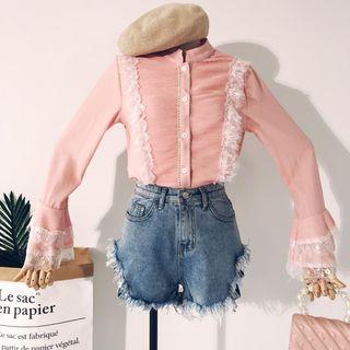 Bell-sleeve Lace Trim Shirt