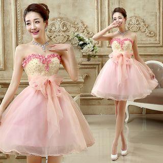 Strapless Bow Accent Beaded Evening Gown