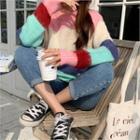 Round-neck Color-block Knit Top Pink - One Size