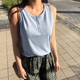 Buttoned-neckline Linen Blend Tank Top