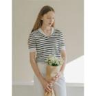 Collared Embroidered Stripe Knit Top White - One Size