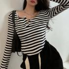 Long-sleeve Striped Slim-fit Top Black & White - One Size