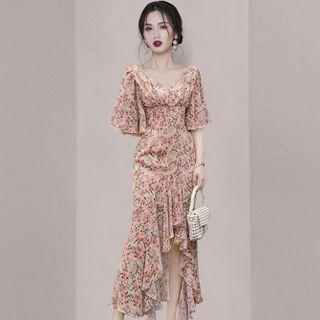 Short-sleeve Floral Print Ruffled Midi Dress