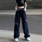 Mid Rise Asymmetrical Distressed Wide Leg Jeans