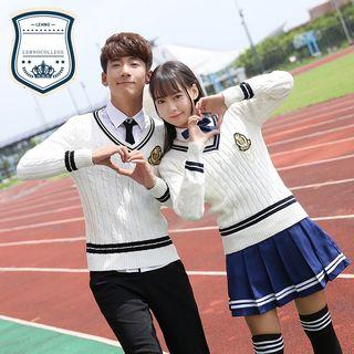 Set: Plaid Pleated Skirt + Shirt + Bow Tie + Sweater / Set: Plain Pants + Neck Tie + Shirt + Sweater