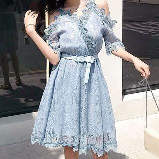 Elbow-sleeve Cold Shoulder Belted Lace A-line Midi Dress