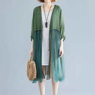 Mesh Panel Elbow-sleeve Open Front Light Jacket As Shown In Figure - One Size