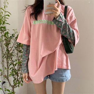 Elbow-sleeve Lettering T-shirt / Long-sleeve Floral Printed T-shirt