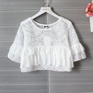 Cropped Layered Short-sleeve Lace Top White - One Size