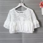 Cropped Layered Short-sleeve Lace Top White - One Size