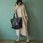 Plain 3/4 Sleeve V-neck Dress Beige - One Size