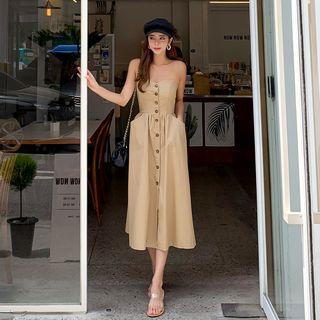 Button-front Flared Midi Tube Dress