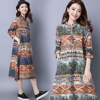 Patterned Long-sleeve A-line Midi Dress