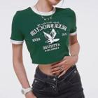 Short-sleeve Print Contrast Trim Crop Top
