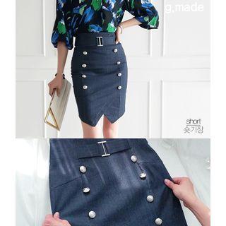 Buckled Asymmetric-hem Denim Skirt In 2 Lengths