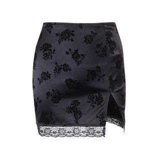 Lace Trim Floral Slit Mini Pencil Skirt