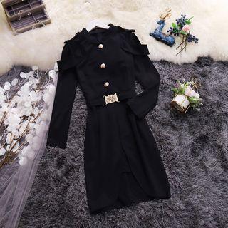 Belted Buttoned Long-sleeve A-line Dress Black - One Size