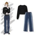 Plain Sweatshirt / Wide-leg Jeans