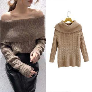 Off-shoulder Loose-fit Sweater Khaki - Free Size