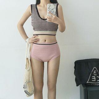 Set: Plaid Knit Bikini + Knit Swim Bottom As Shown In Figure - One Size