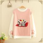 Round-neck Color-block Cat And Cake Printed Sweater