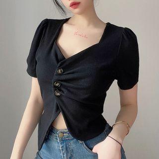 Puff-sleeve Sweetheart Neckline Asymmetrical Hem Button-up Crop Top