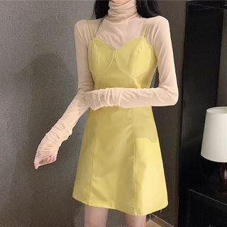 Long-sleeve Mesh Top / Spaghetti Strap Mini A-line Dress