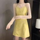 Long-sleeve Mesh Top / Spaghetti Strap Mini A-line Dress