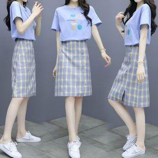 Set: Printed Short-sleeve T-shirt + Plaid Straight-fit Skirt