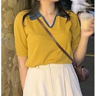 Short-sleeve Collar V-neck T-shirt