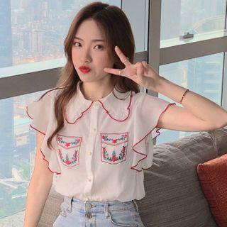 Floral Embroidered Short-sleeve Chiffon Shirt