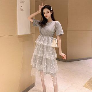 Short-sleeve Tiered Mesh Overlay T-shirt Dress